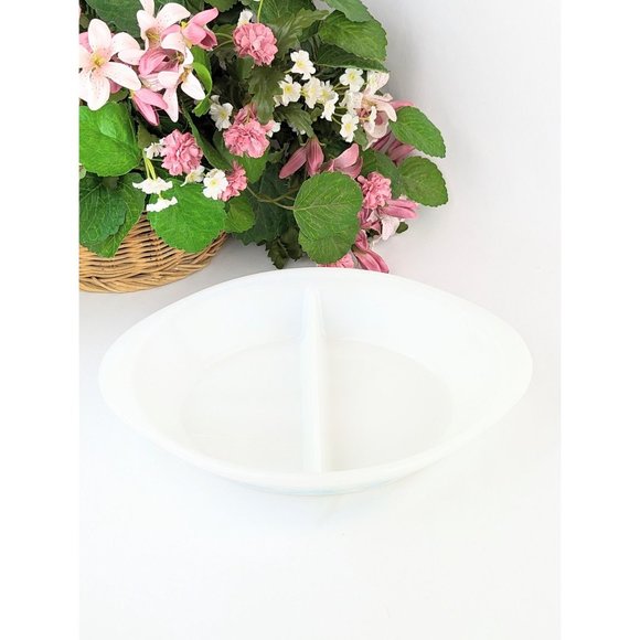 Vintage Glasbake Blue Thistle Oval Divided Baking Dish Serving Bowl Milk Glass - Picture 6 of 10